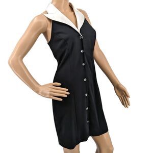 Vintage 90s Shelli Segal Tuexdo Halter Dress Mini Rhinestone Button Front Vest 4
